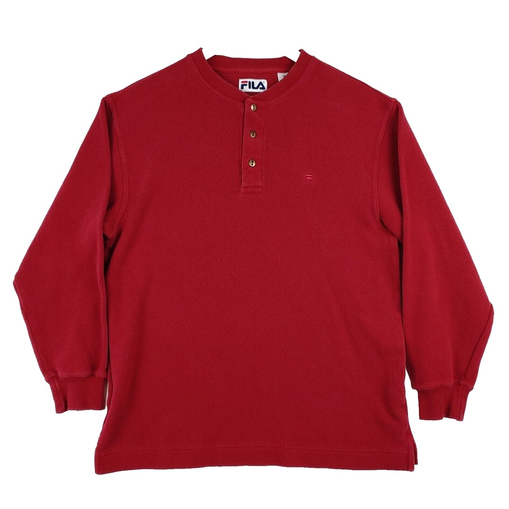 FILA Henley Shirt Mens Medium Red 1/4 Button Long Sleeve Pullover Thermal Waffle